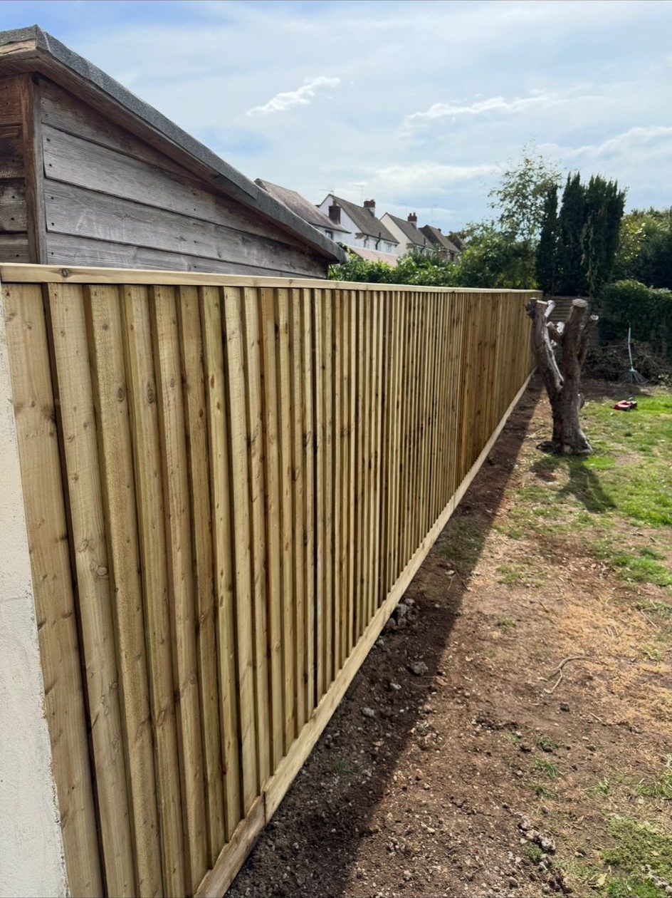 Feather edge fence with gravel board run along a garden boundary in bright sunshine